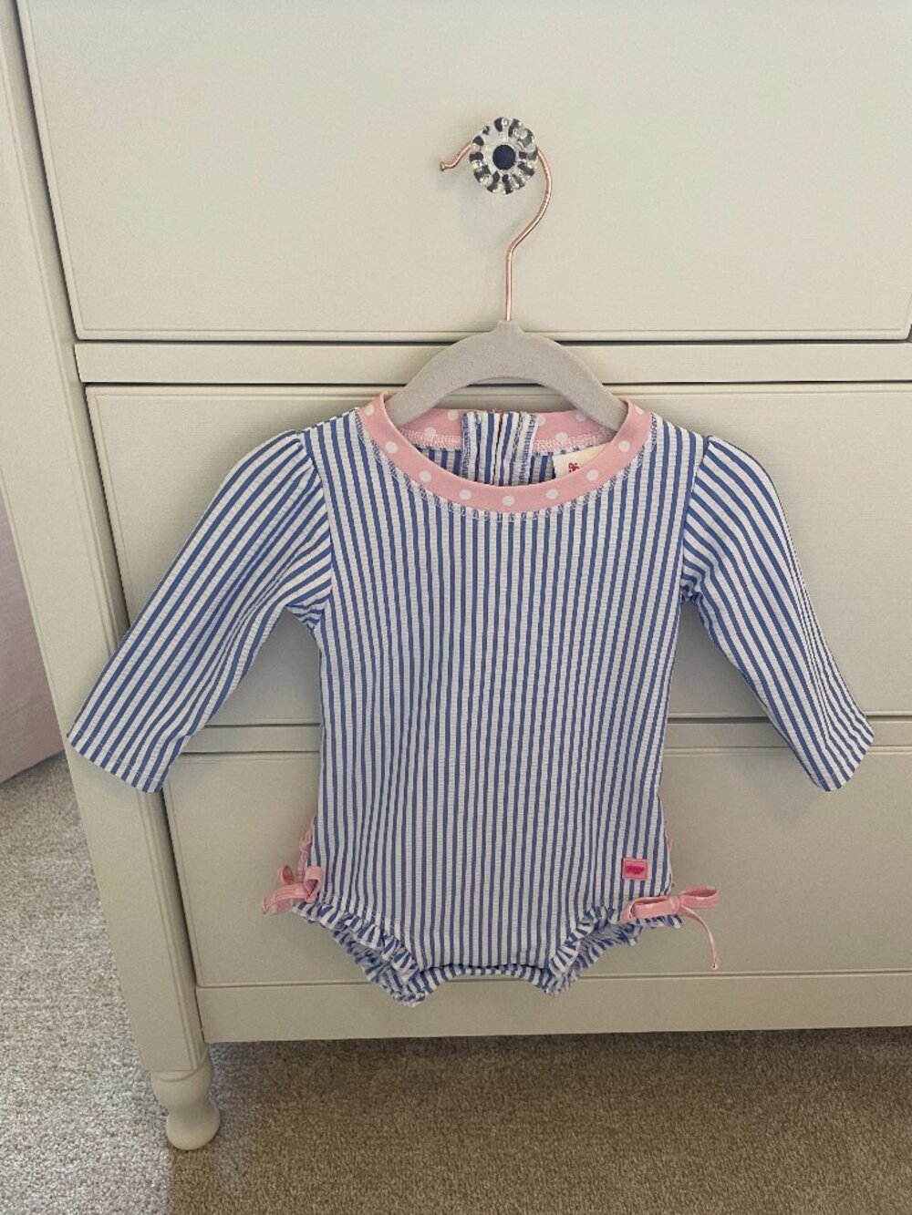 Ruffle Butts Baby Girl Blue Seersucker Long Sleeve Rash Guard Size 6-12M